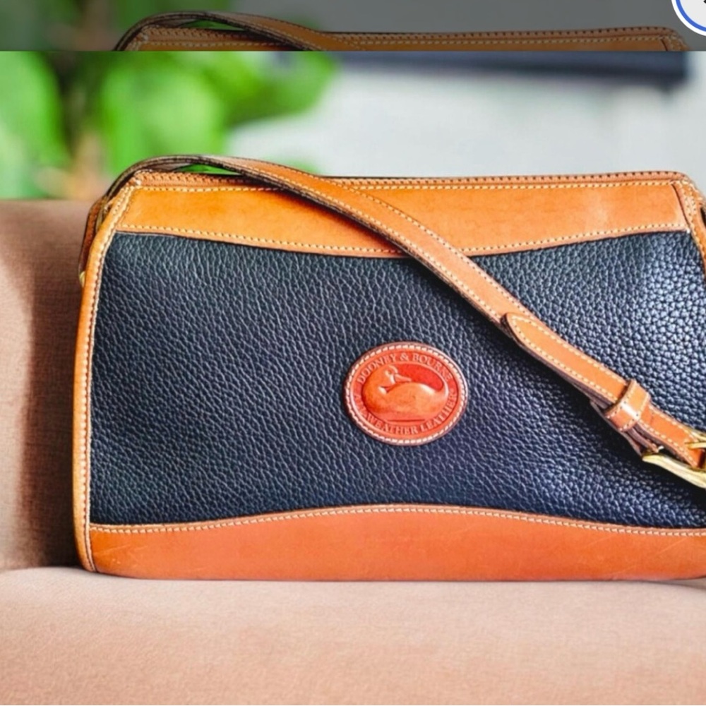 Vintage Dooney & Bourke Navy and Tan All Weather Leather Brass Pebbled Leather